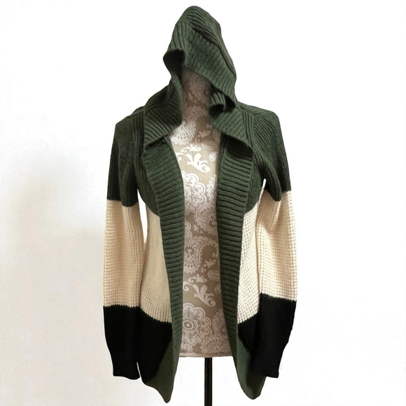 Bass Sweaters - Bass Women’s Hooded Open Front Cardigan Sweater Green Cream Black Striped Size M